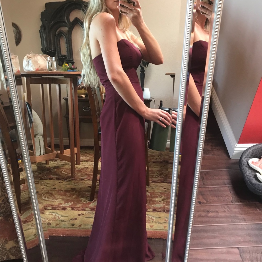 KF Bridal bridesmaid dress in burgundy.